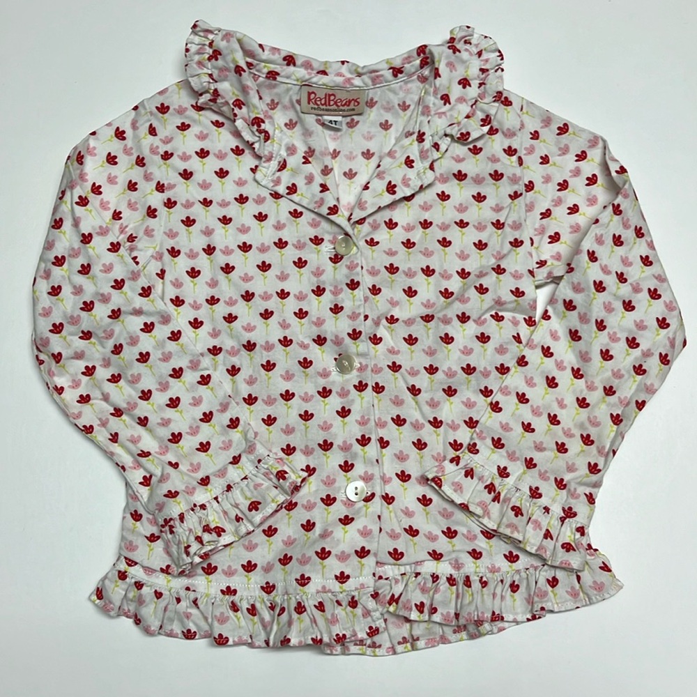 Red Beans White with Red & Pink Pattern Long-sleeve Button Down Girls Size 4T